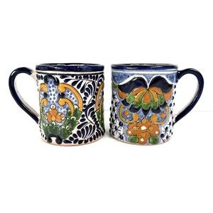 Talavera Mexican Pottery Mugs Set of Two in Different Patterns